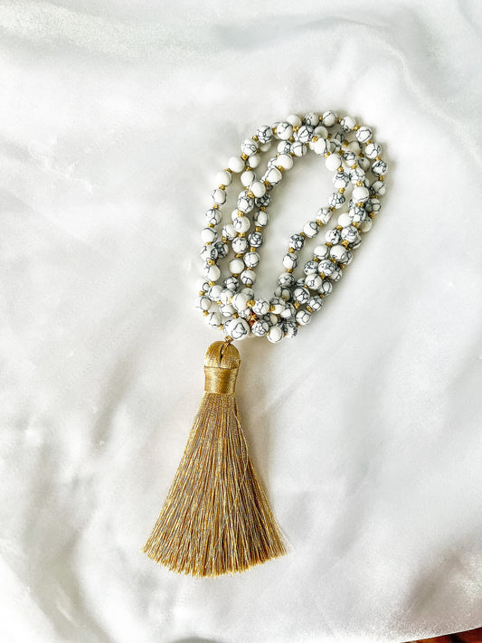 108 Prayer Mala, Synthetic howlite Bead Mala, Tassle Necklace.