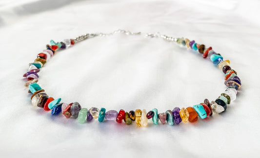 Crystal necklace, mixed crystal bead necklace, gemstone chip choker, semi-precious stone necklace.