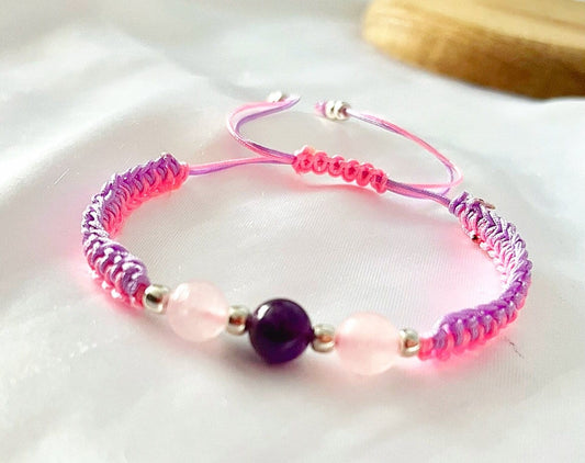 Amethyst and rose quartz macrame bracelet, crystal beaded shamballa bracelet, calming, love, peace bracelet.