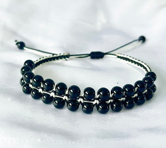 Black onyx double layer bracelet, adjustable onyx bracelet, black and white cord beaded bracelet.