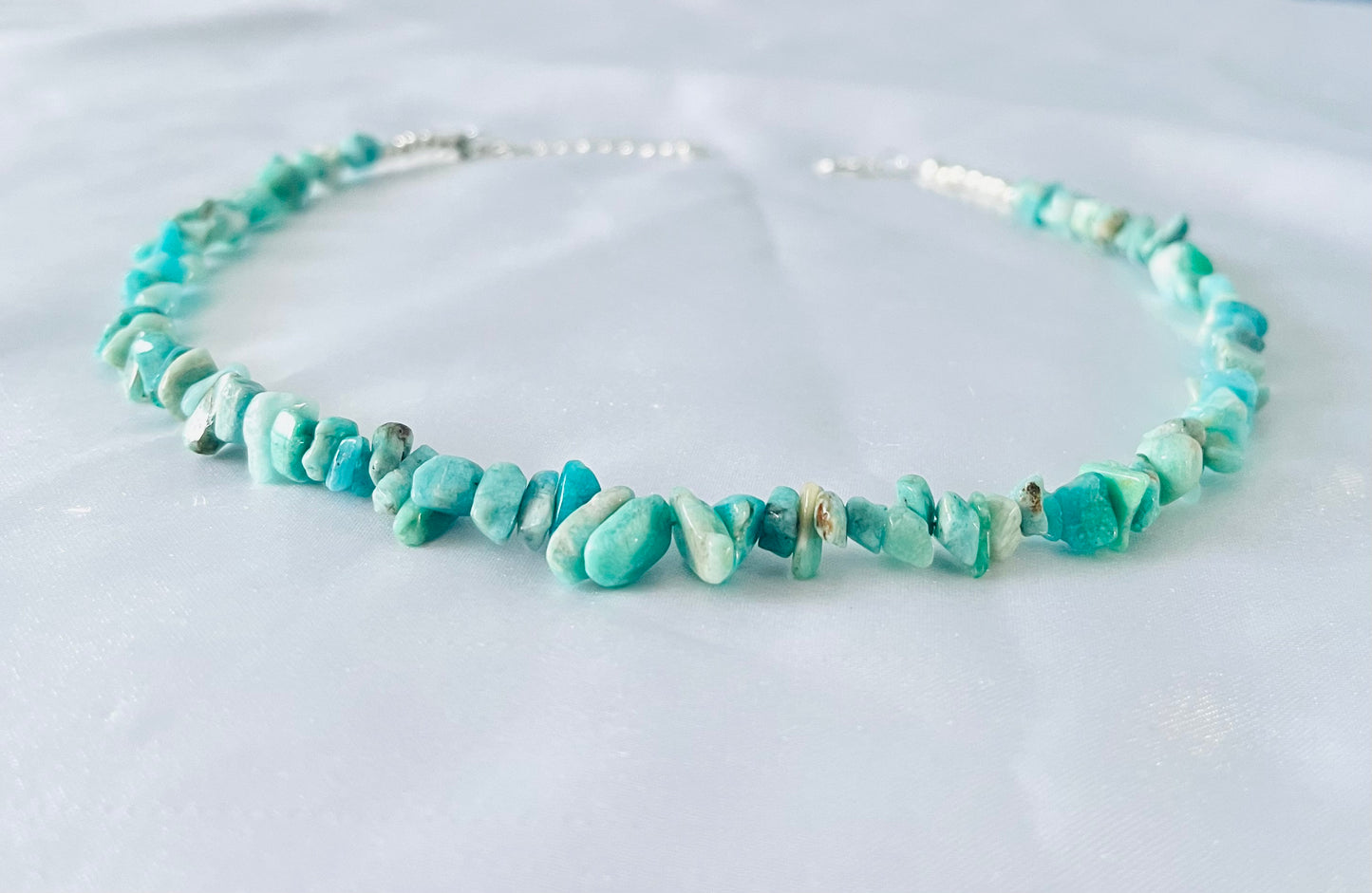 Amazonite chip necklace, amazonite crystal chip choker, crystal chip necklace.